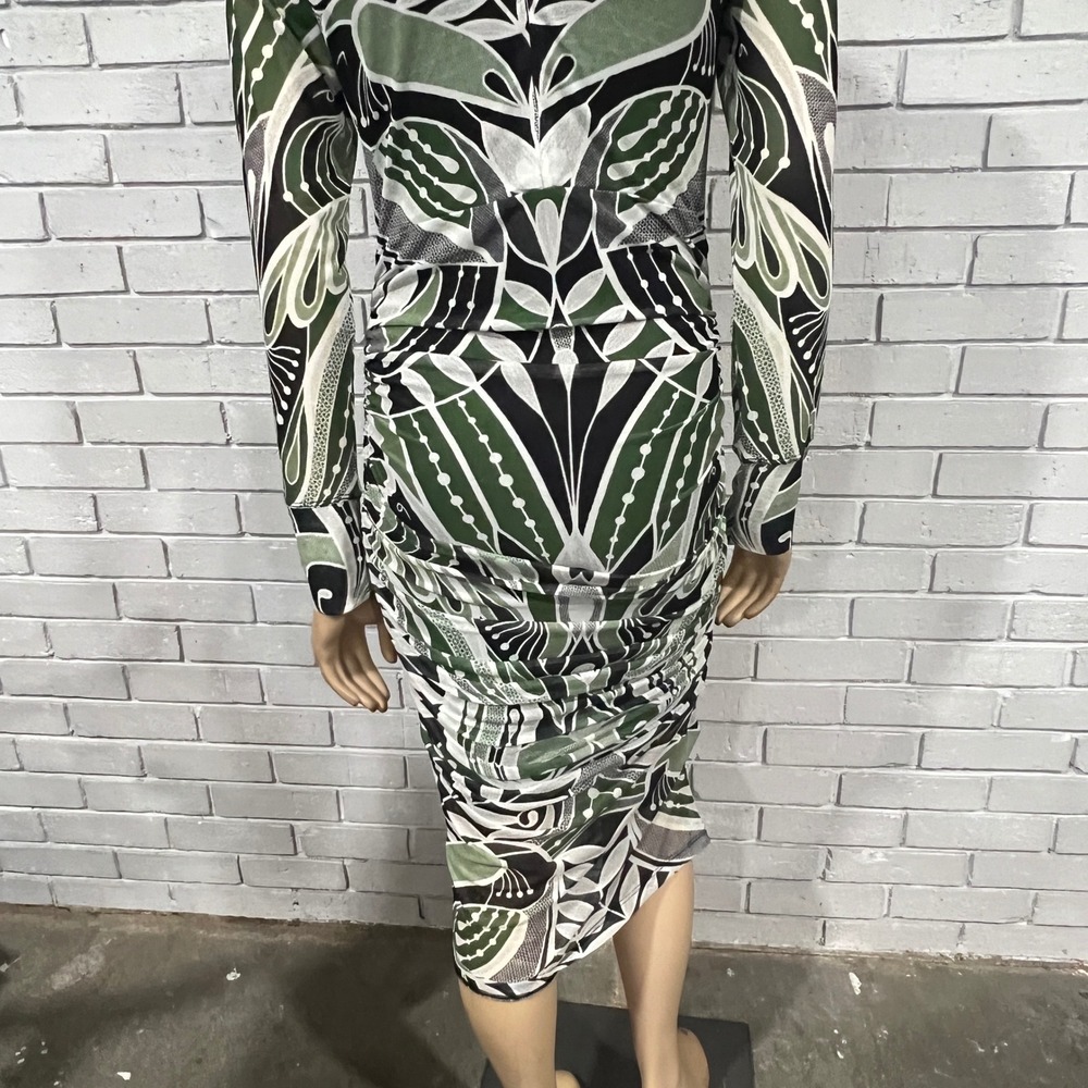 Farm Rio Green Lace Nature Tulle Botanical Geometric Mock Neck Midi Dress | M - Picture 6 of 11